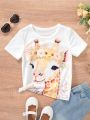 SHEIN Kids EVRYDAY Toddler Girls' Casual Round Neck Short Sleeve Slim Fit T-Shirt With Giraffe Pattern For Summer