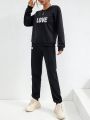 Ladies' 2pcs Letter Pattern Long Sleeve Top And Pants Set