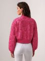 Shahedah Drop Shoulder Zip Up Crop Lace Bomber Jacket