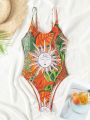 SHEIN Swim Y2GLAM Women's Printed One Piece Swimsuit With Spaghetti Straps