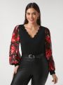 Alana Jacintho Plus Size Women's Flower Printed Spliced Top With Scallop Edge