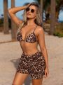 SHEIN Swim Vcay Leopard Print Triangle Bikini Set Including Bra And Shorts