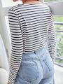 SHEIN Frenchy Women's Plus Size Striped T-shirt With Letter Print