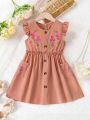 SHEIN Kids SUNSHNE Little Girl'S Mid-Length Summer Floral Pattern Round Neck Dress With Flying Sleeves And Button Decoration Is Suitable For Outings And Vacations