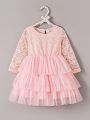 SHEIN Baby Girls' Elegant Romantic Gorgeous Lace Mesh Dress For Spring And Autumn, Suitable For Parties