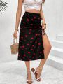 SHEIN VCAY Valentine's Day Women's Half-Skirt With Heart-Shaped Print, Drawstring And Split Hem