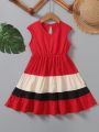 SHEIN Kids EVRYDAY Young Girl V-Neck Color Block Dress