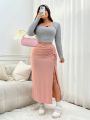 SHEIN Qutie Plus Size Soft Pink Designed Comfortable Skirt