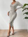 SHEIN Essnce Button Front Ribbed Knit Bodycon Dress