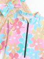 Toddler Girls Floral Print Zipper Front One Piece Swimsuit With Accessory Headband