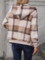 Plaid Pattern Drawstring Hooded Teddy Jacket