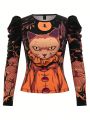 Bat Sada Women's Cartoon Cat Printed Puff Sleeve T-Shirt