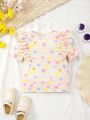 SHEIN Kids CHARMNG Little Girls' Love Heart Printed Short Sleeve Tee With Ruffle Trim Round Neckline