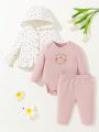 SHEIN 3pcs Newborn Baby Girls' Floral Pattern Round Neck Long Sleeve With Hooded Jacket And Footed Pants Set