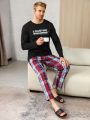 Men's Slogan Printed Long-sleeved T-shirt And Plaid Pants Homewear Set