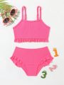 Young Girl Solid Color Ruffled Swimsuit Set