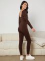 Teenage Girls' Knitted Pure Color Jumpsuit With U-neck And Slim Fit Back