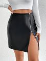 SHEIN Essnce Women'S Zipper Front Pu Leather Mini Skirt