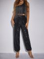 SHEIN BAE High-waist Glittery Long Pants