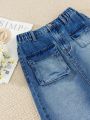 Tween Girls' New Arrival Casual & Fashionable Workwear Style High-Slit Denim Skirt With Washing Effect