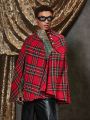 SHEIN Men Tartan Print Mock Neck Cloak Sleeve Overcoat