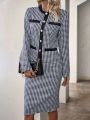 Ladies' Houndstooth Long Sleeve Jacket And Skirt Set