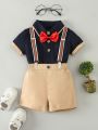 Baby Boy'S Bow Short-Sleeved Color-Blocked Shirt And Suspender Shorts Gentleman'S Suit