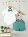 Infant Boys' Bowtie Short Sleeve Colorblock Romper And Overall Shorts Outfit