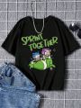 Tween Boys' Casual Cartoon Letter Print Short Sleeve Round Neck T-Shirt Suitable For Summer