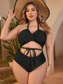 SHEIN Swim Basics Plus Size Solid Color Hollow Out Monokini With Strappy Halter Neck