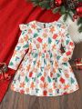 SHEIN Kids QTFun Toddler Girls' Lovely Christmas Printed Flared Sleeve Waist-tie Dress