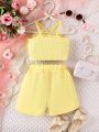 SHEIN Kids CHARMNG Young Girl's 3d Flower Splice Cami Top & Sports Shorts Two Piece Set