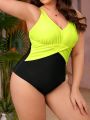 SHEIN Swim SPRTY Plus Size Women's Contrast Pleated One-Piece Swimsuit