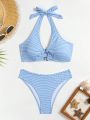 Women's Striped Halter Neck Swimsuit Set