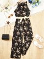 SHEIN Kids EVRYDAY Girls' (Big) Floral Print Wide Leg Jumpsuit With Hanging Neck Design