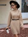 SHEIN Privé Turtleneck Button Detail Drop Shoulder Sweater Dress Without Belt