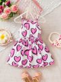 SHEIN Baby Girls' Casual Basic Cute & Fun Heart Pattern Printed Sleeveless Dress For Daily Life At Home Or Outdoors In Summer
