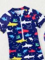 Baby Boy Shark Printed Zip-Front Short Sleeve Rashguard Swimsuit With Cap