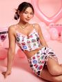 SHEIN PETITE Women's Lace Splicing Cartoon Printed Cami Top And Skirt Set