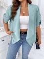 Plus Ruched Detail Sleeve Waterfall Collar Open Front Blazer