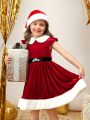 SHEIN Kids CHARMNG Young Girl 1pc Contrast Collar Bow Back Dress