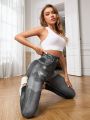 Yoga Trendy Ladies' Yoga Printed Sports Leggings With Faux Denim Effect For Calves