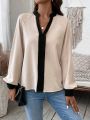 SHEIN Privé Color Block Notched V-neck Blouse