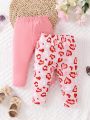 Baby Girls' Pink Heart Patterned Full Print Leggings And Solid Color Leggings