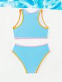 Little Girls' Bikini Swimsuit Set With Contrast Trim And Letter Print