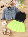 Baby Girls' Button Up Denim Jacket, Vest Top And Pleated Skirt Set