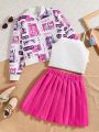 SHEIN Kids Nujoom Tween Girls' Cartoon Character Print Jacket, Camisole Top And Pleated Skirt 3pcs Set