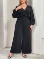 SHEIN Privé Plus Size Spring And Summer Clothing New Style Shiny Fabric Party Elegant Ruffled Long Sleeve Wide Leg Jumpsuit