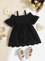 SHEIN Baby Laser Cut Shirred Cold Shoulder Scallop Trim Dress