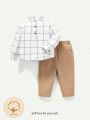 Cozy Cub Baby Boy's Plaid Casual Half-Button Top And Solid Color Pants Set